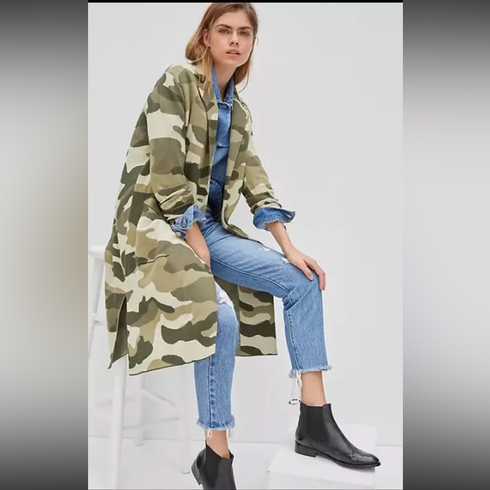 Maeve Kieran Camo Sweater Coat Size X-Small Green Motif Camouflage Anthropologie